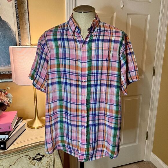 EEUC Men's Ralph Lauren Short Sleeve Plaid Linen Button Down Front Shirt Size XL - Picture 1 of 3